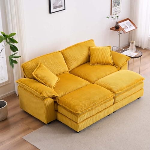 Modern Yellow Corduroy Chaise Longue with Movable Ottoman for Living Room