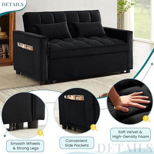 Antetek Modern Velvet Sleep Sofa Bed, Reclining Backrest, Pullout Bed, Living Room Furniture, Black