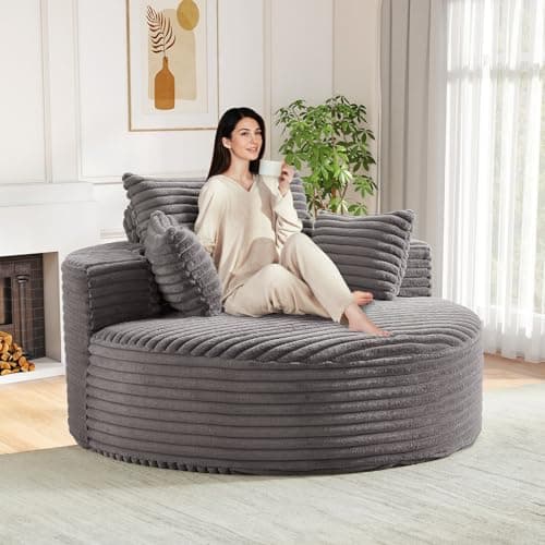 Modern Oversized Black Round Chaise Longue Chair for Living Room and Bedroom, 55-inch Upholstered Chenille Deep Seat Circle Single Cloud Lounge Floor Sofa Chair