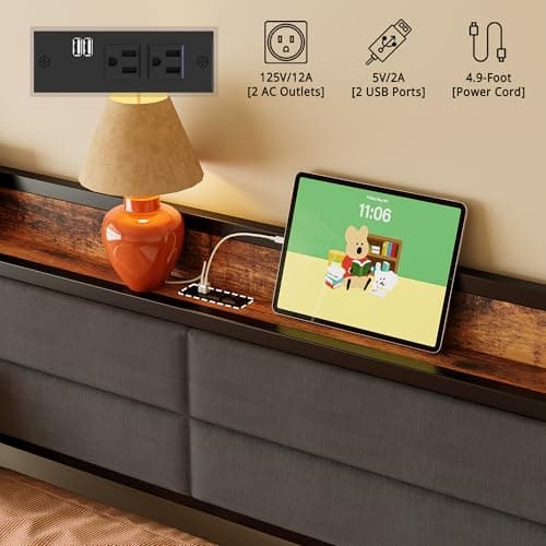 LIKIMIO Sturdy Metal Twin Bed Frame with Upholstered Headboard & Charging Station, Black