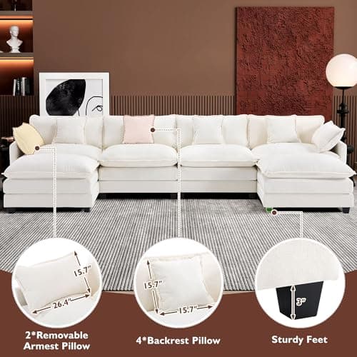 Ihanherry 6-Seat Beige Modular U-Shaped Sofa with Ottomans for Living Room