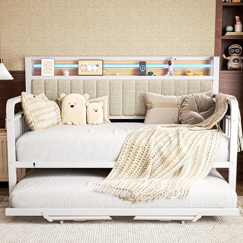 Daybed with Trundle and LED Light (White)  
Heavy Duty Metal Twin Bed Frame with Upholstered Storage Headboard (White)  
Day Bed Pop Up Trundle Bed Twin for Living Room (White)