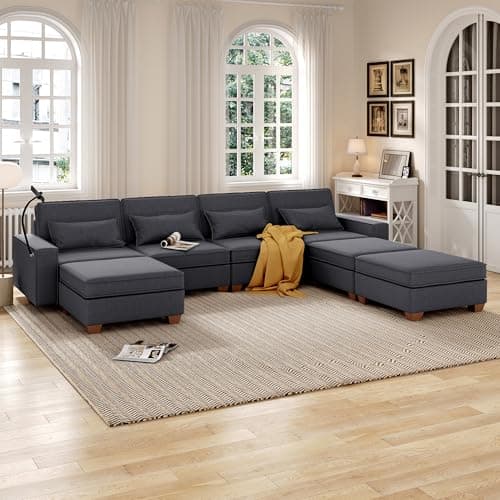 123" U-Shaped Modular Sofa with Storage, 4 Seats, Convertible Bed & Phone Holder"