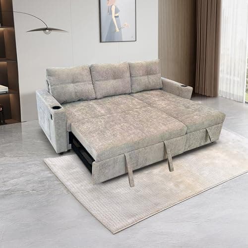 Eafurn Reversible Corduroy L-Shaped Sleeper Sectional With Chaise, USB Ports, Living Room Sofa Bed