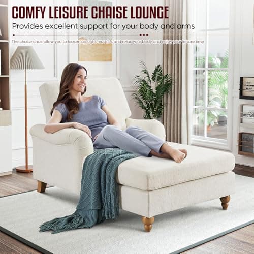 Modern Indoor Chaise Lounge Chair with Adjustable Backrest and Sturdy Legs - White