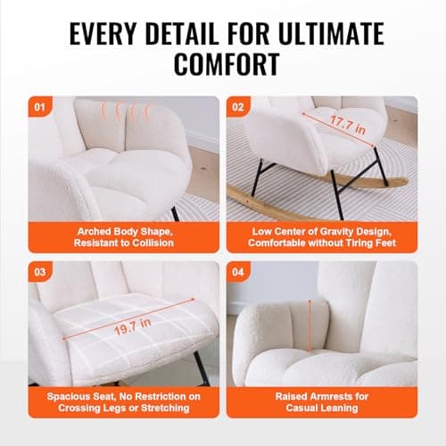 VEVOR Ivory White Teddy Fabric Glider Rocking Chair, Supportive Backrest, Up to 250 lbs