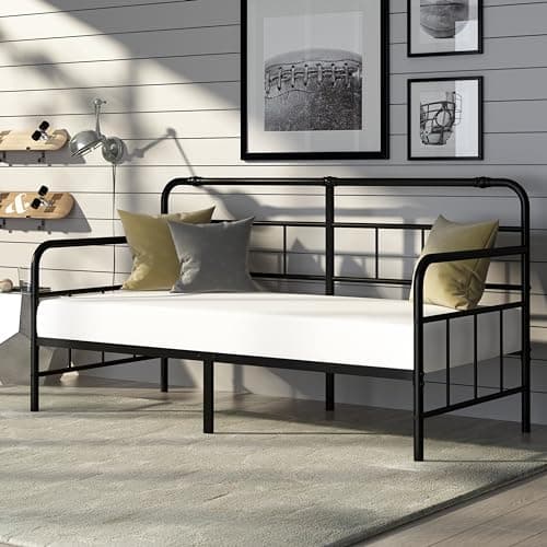 Black Metal Twin Size Daybed with Headboard, Heavy Duty Steel Slats, No Box Spring Needed, Easy Assembly