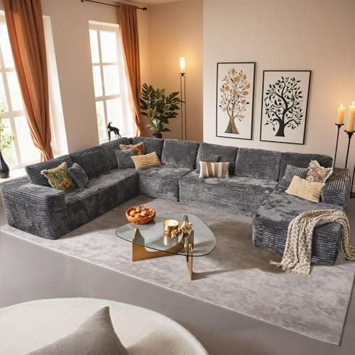 HOOOWOO Cloud Modular Sectional Couch, No Assembly, Gray Plush Corduroy