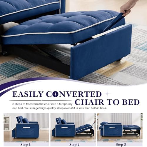3-in-1 Convertible Velvet Sleeper Chair for Small Spaces, Apartment, and Office - Blue