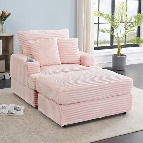 Modern Pink Corduroy Chaise Lounge Chair with Cup Holder