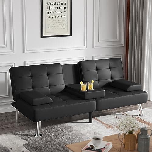 Flamaker Black PU Leather Modern Folding Futon Sofa Bed with Cup Holders