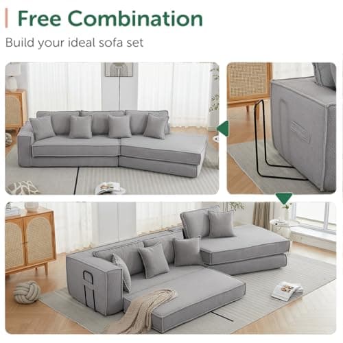 Antetek Gray Moduler Sectional Futon Sofa Bed with 3 Cushions & Pillows