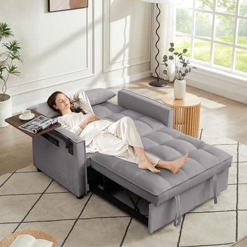 Antetek 3-in-1 Convertible Sofa Bed with Rotating Side Table - 47 Modern Velvet Loveseat for Small Spaces in Living Room, Apartment, or Office, Grey