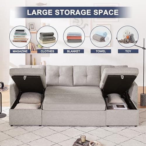 Light Grey 110 Inch 2-in-1 Pullout Couch Bed with Storage Chaise