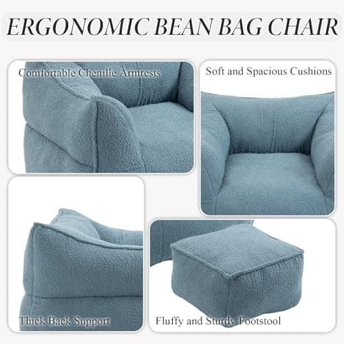 Light Blue Chenille Bean Bag Chair with Armrests & Back Support