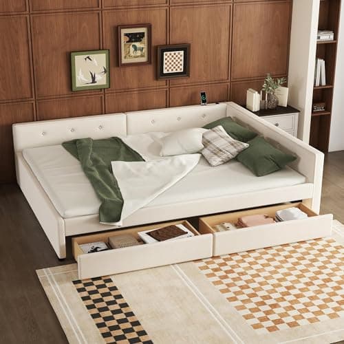 Linen Upholstered Beige Queen Daybed with Storage & Tufted Backrest