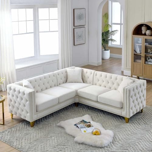 Modern Button Tufted Velvet L-Shaped Couch with Gold Nail Heads for Living Room