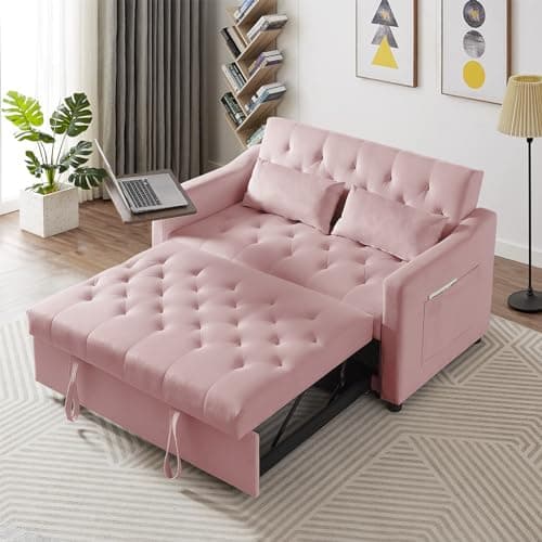 Antetek 3-in-1 Convertible Sofa Bed w/360° Rotating Side Table, Modern Velvet Sofa, White