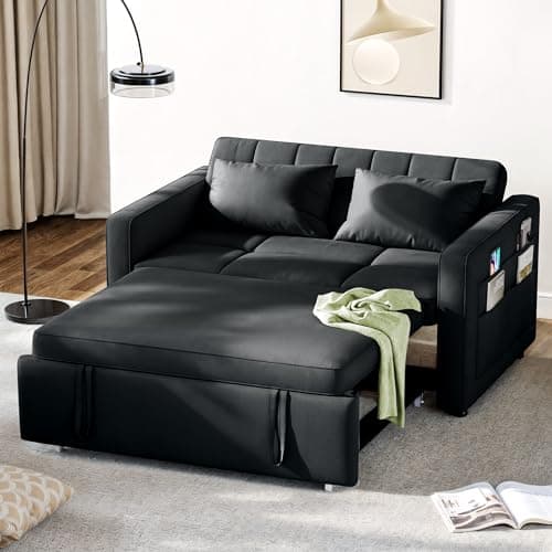 Black 55" 3-in-1 Convertible Sofa Bed with Velvet & Adjustable Backrest