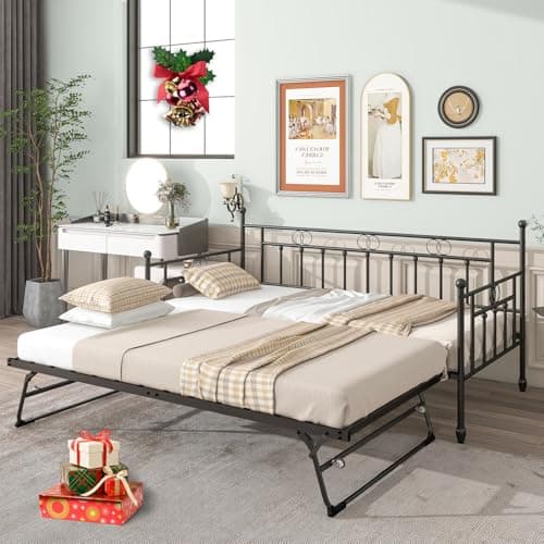 Twin Daybed with Pop Up Trundle, Steel Support for Kids & Adults