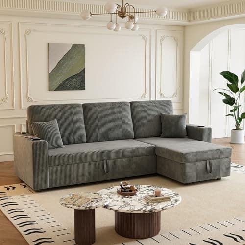 Reversible Storage Chaise Sleeper Sofa, 83.5" L-Shaped with Cup Holders & USB, Grey Corduroy
