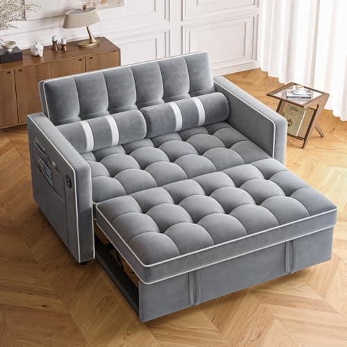 Amada 3-in-1 Convertible Couch Bed, Living Room Futon with USB Pockets (Grey)