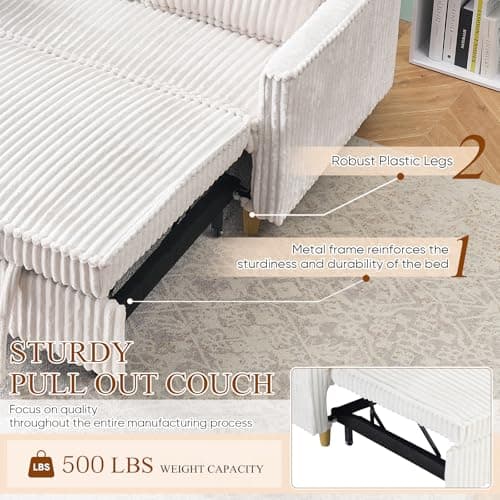 Antetek 3-in-1 Corduroy Convertible Sofa Bed, Beige Metal Frame