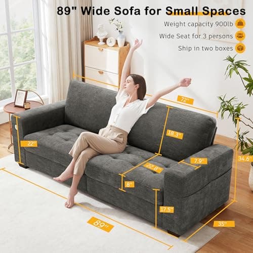 Hanherry 89" Living Room Sofa, Medium Firm Seat, USB Port, Chenille Fabric, Small Space