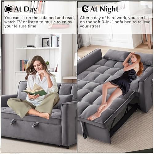 3-in-1 Velvet Sleeper Sofa Bed, Armrests, Storage & Pillows, Dark Grey