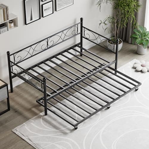 Modern Metal Daybed with Pull-Out Trundle and Floral Headboard, Twin Size, Black