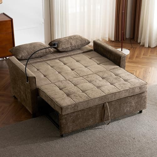 Merax 3-in-1 Convertible Couch with USB Ports, Brown | Sleeper Sofa Bed, Living Room Futon
