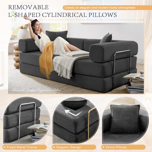 Dark Grey Convertible Sleeper Sofa Bed with Memory Foam & Cylindrical Pillows
