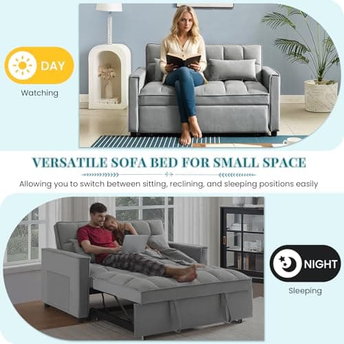 Antetek 3-in-1 Modern Velvet Sleeper Sofa Bed with Reclining Backrest and Pillows - Grey