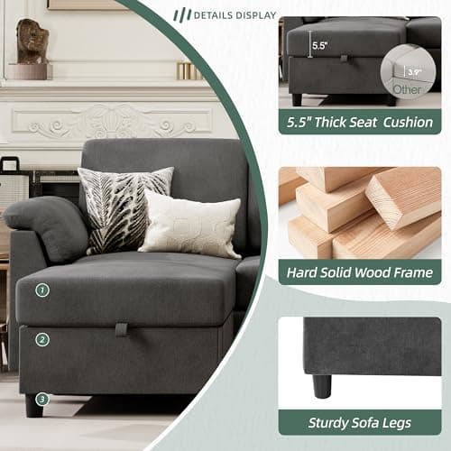 Vongrasig 3 Seat L Shaped Sofa with Removable Pillows Linen Fabric Black