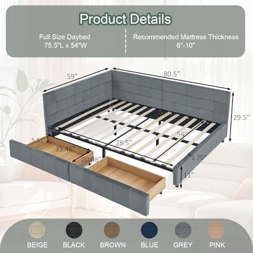 Antetek Modern Full Size Corner Tufted Velvet Day Bed with Storage Drawers, Grey