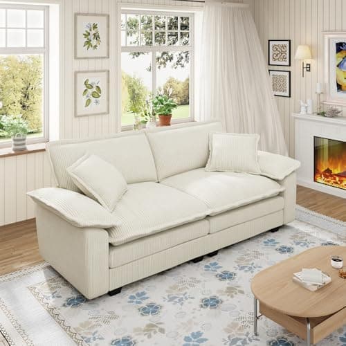 80.5-inch Modular Sectional Couch with Ottoman, Modern Oversized Corduroy Cloud Fluffy Deep Seat Loveseat Chaise Lounge Sofa with 2 Throw Pillows for Living Room Bedroom Apartment, Gray