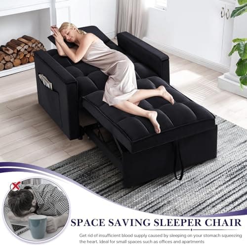 Black Modern Velvet Sleeper Sofa Chair Bed with Adjustable Backrest