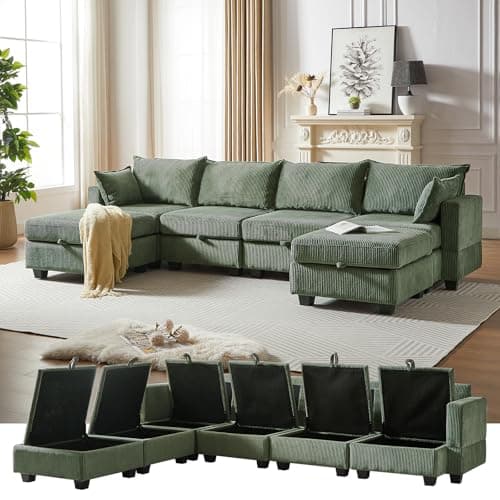 Antetek U-Shaped Sleeper Sofa Bed with Storage Ottoman, 6-Seat Corduroy Couch
