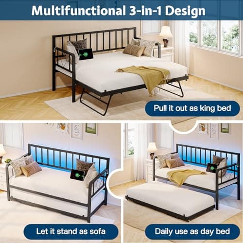 Jocisland Twin Daybed with Charging Station & LED Lights, Black