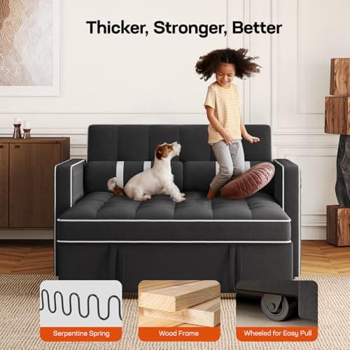 Amada 3-in-1 Convertible Sleeper Sofa Bed, Black | Futon Couch with USB Ports & Velvet Fabric