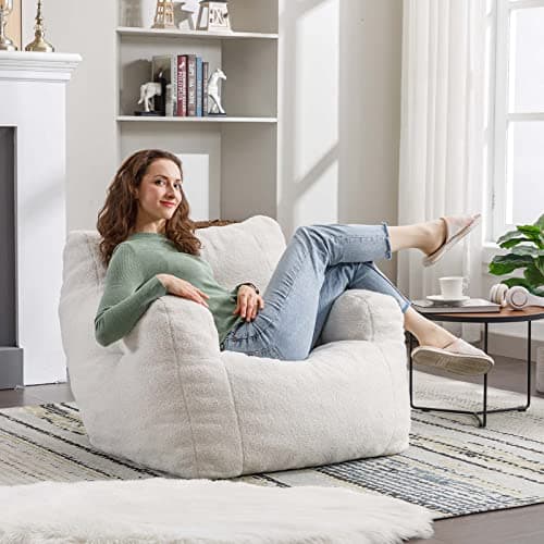 Modern Bean Bag Chairs for Adults & Kids in Ivory Fabric