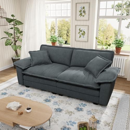 80.5-inch Modular Sectional Couch with Ottoman, Modern Oversized Corduroy Cloud Fluffy Deep Seat Loveseat Chaise Lounge Sofa with 2 Throw Pillows for Living Room Bedroom Apartment, Gray