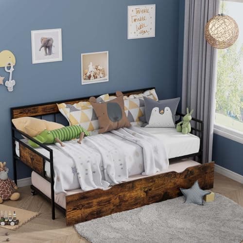 Twin Daybed with Trundle, Rustic Metal Frame, Saving Space Living Room Bed
