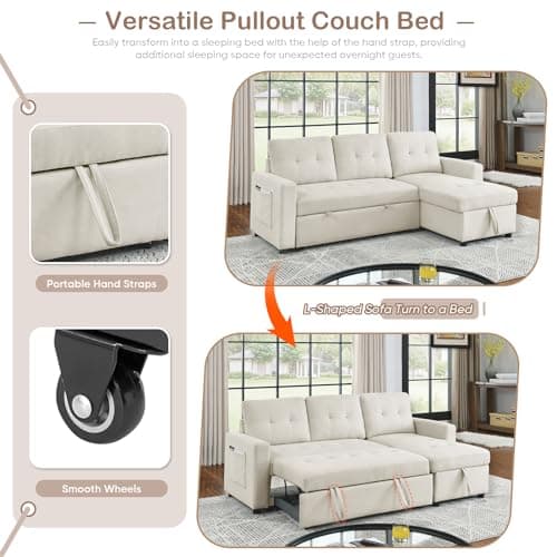 Antetek Reversible Sleeper Sectional Sofa with Storage Chaise, Beige