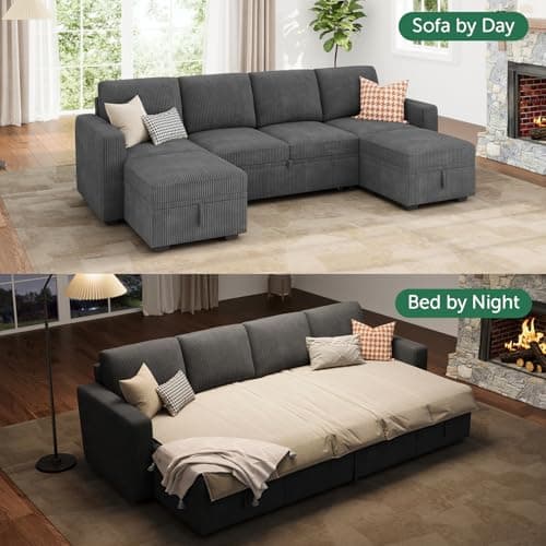 HONBAY Dark Grey Corduroy Modular Sectional Sleeper Sofa Bed