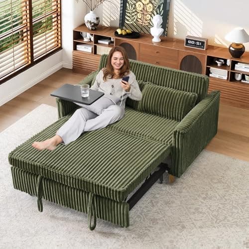 Antetek 3-in-1 Corduroy Convertible Sofa Bed, Gray with Movable Table & USB Ports
