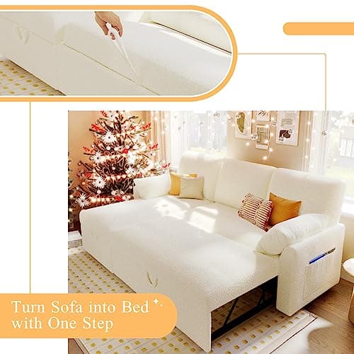 Offwhite Sherpa L-Shaped Pull Out Sofa Bed with Storage