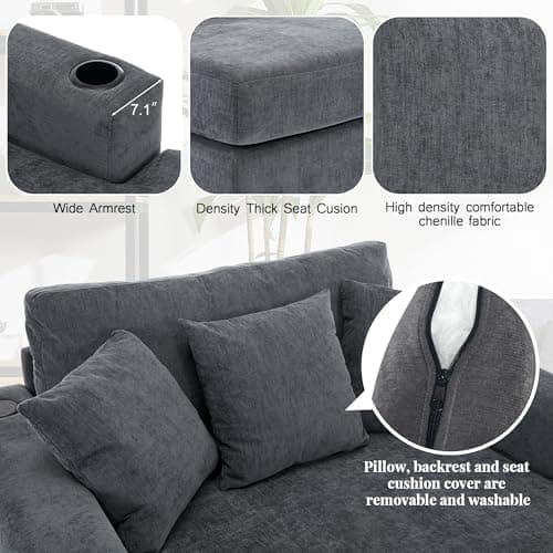 Modern 55" Oversized Chaise Lounger, Luxurious Chenille Fabric Single Sofa Chair with Pillows, Charge Station & Cup Holders for Living Room Apartment Offices (Blue Gray-55'')