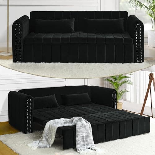 Antetek 82 Velvet Sleeper Sofa - Modern 3-Seat Couch with Pullout Bed & Pillows, Beige