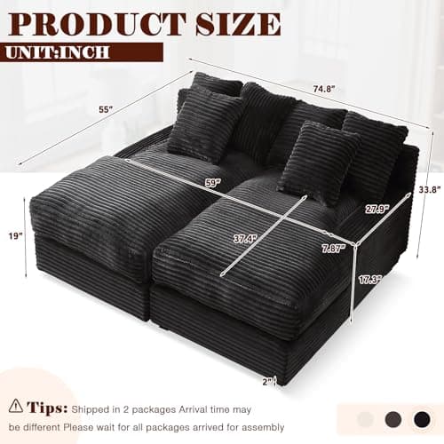Antetek Black Corduroy Double Chaise Lounger Couch